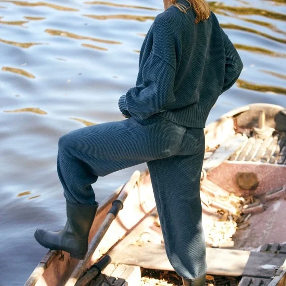 Free People Hailee Chunky Blue Button Cardigan Sweater Set Jogger M - Picture 3 of 8